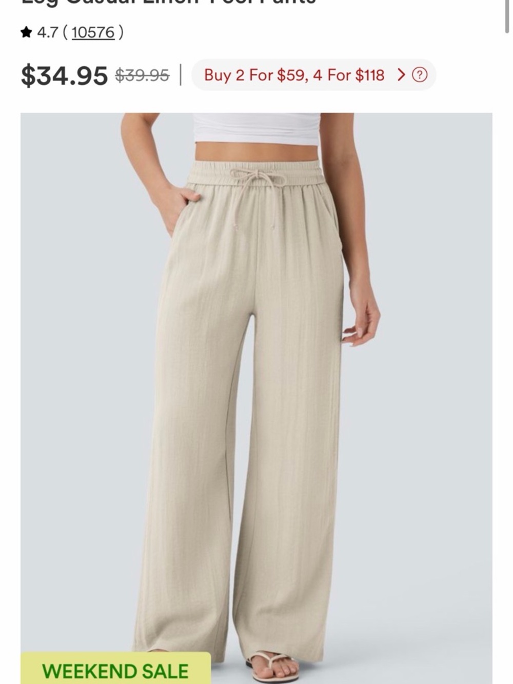 NWT HALARA Linen-Look Wide-Leg Drawstring Pants in Light Taupe
